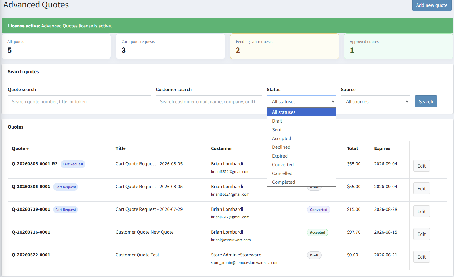 Advanced Quotes administration dashboard
