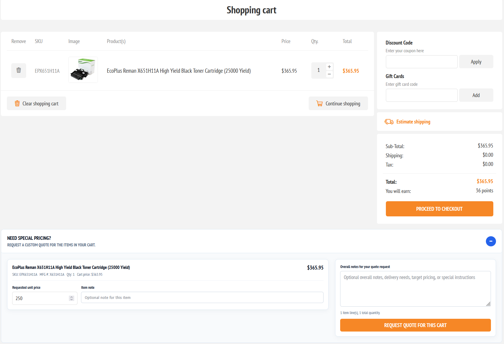 Shopping cart Advanced Quotes request panel