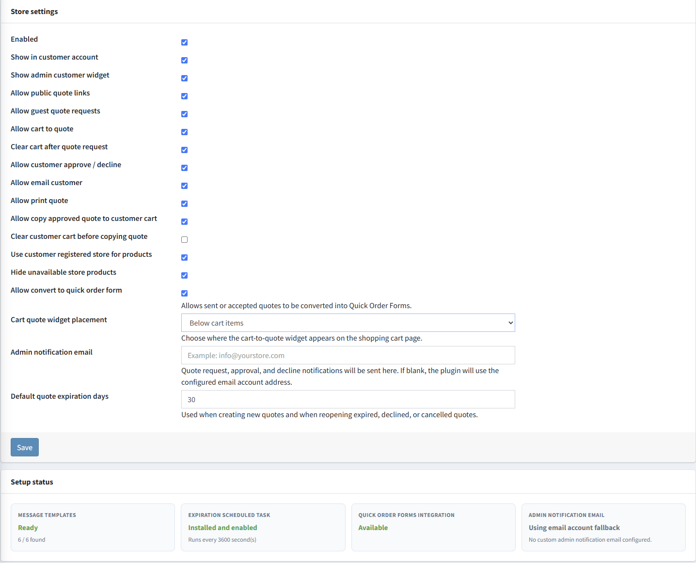 Advanced Quotes store settings and setup status