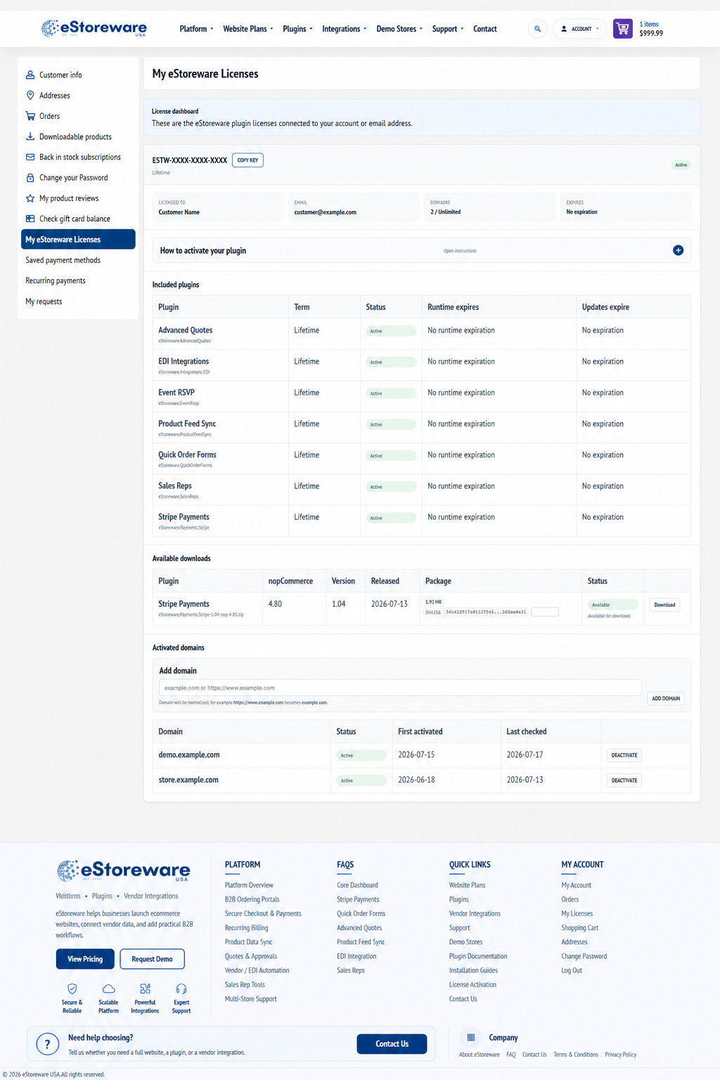 My eStoreware Licenses customer dashboard