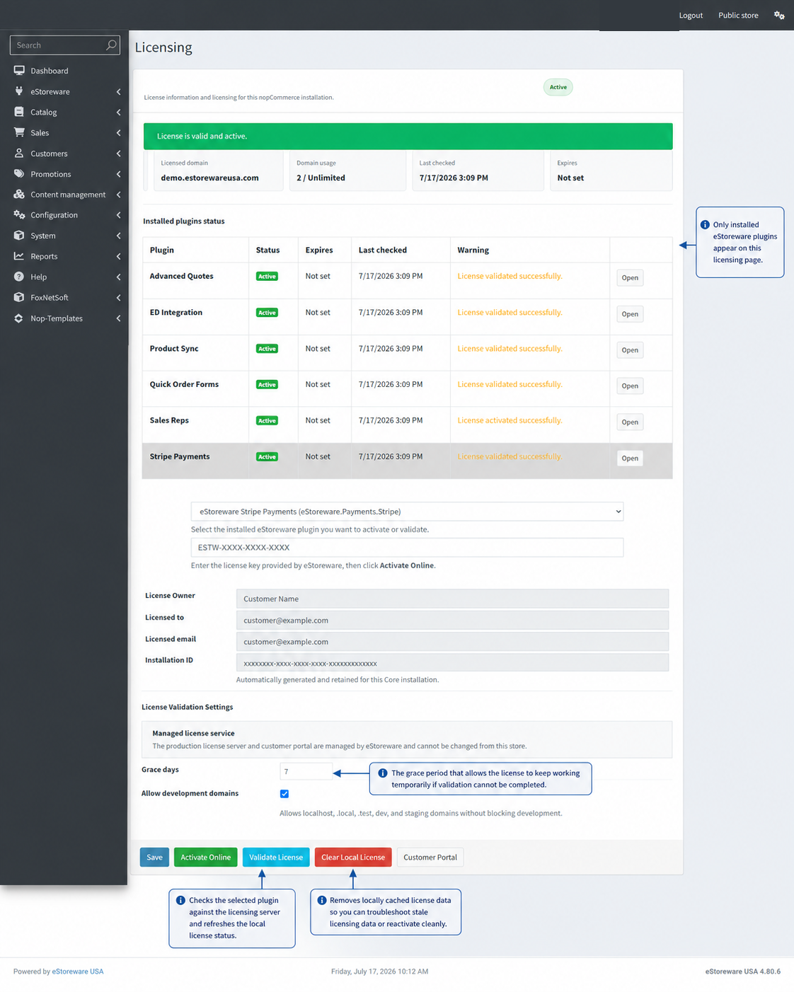 eStoreware license controls with explanations for grace days, Validate License, and Clear Local License