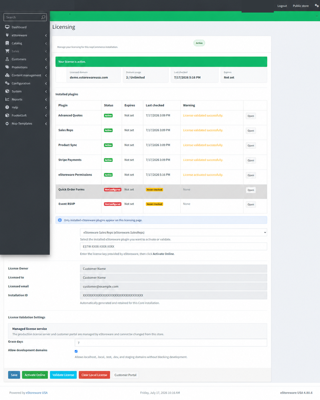 eStoreware licensing page showing installed plugin statuses
