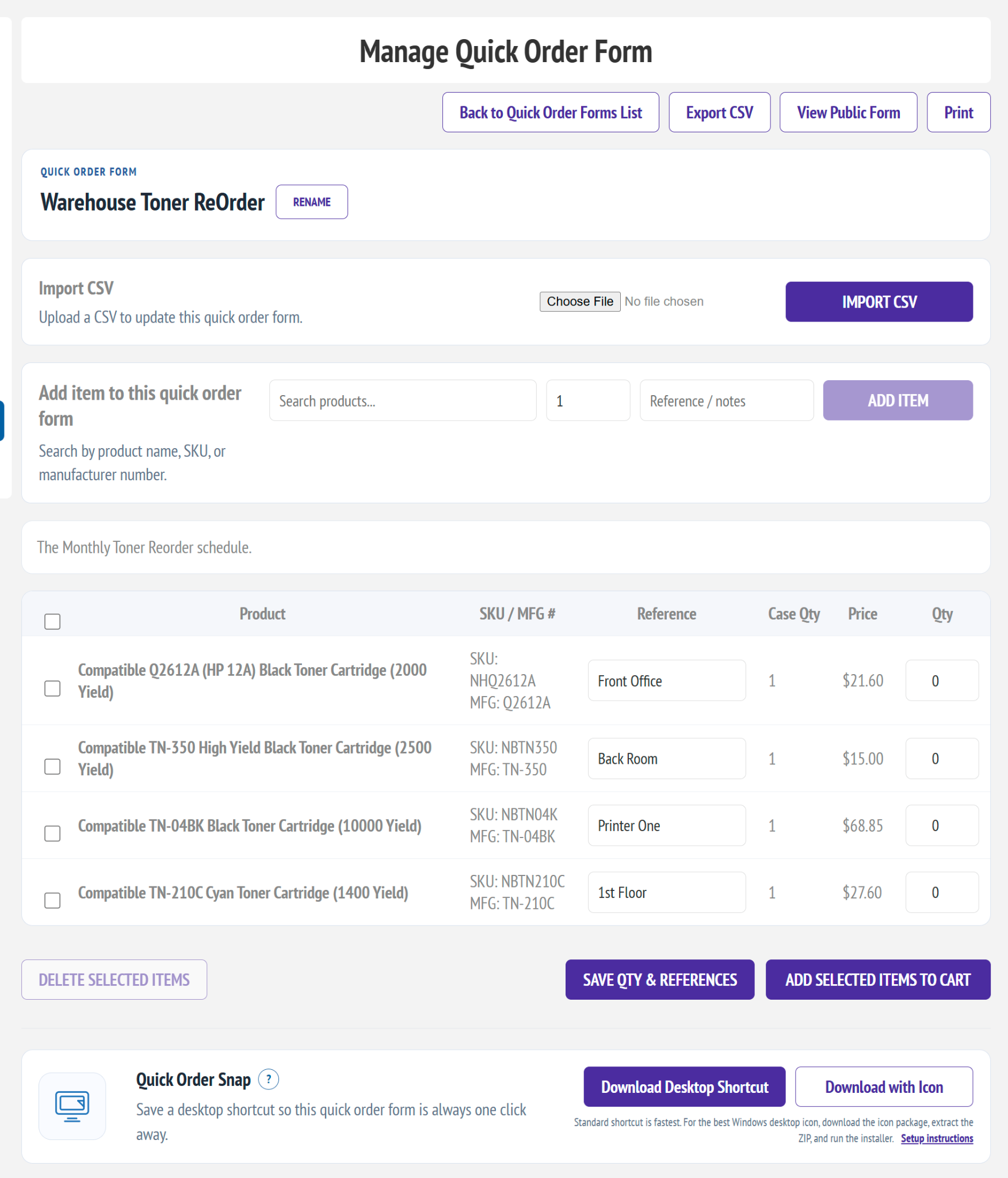 Quick Order Forms Pro customer order form management in nopCommerce