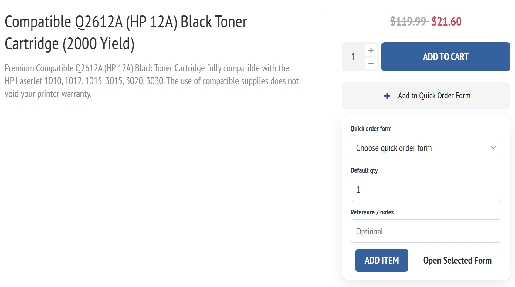 Quick Order Forms Pro product page widget