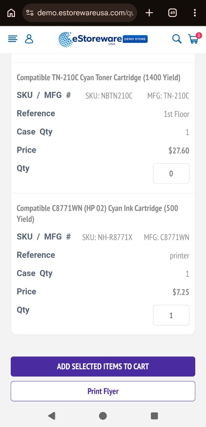 Quick Order Form displayed on mobile