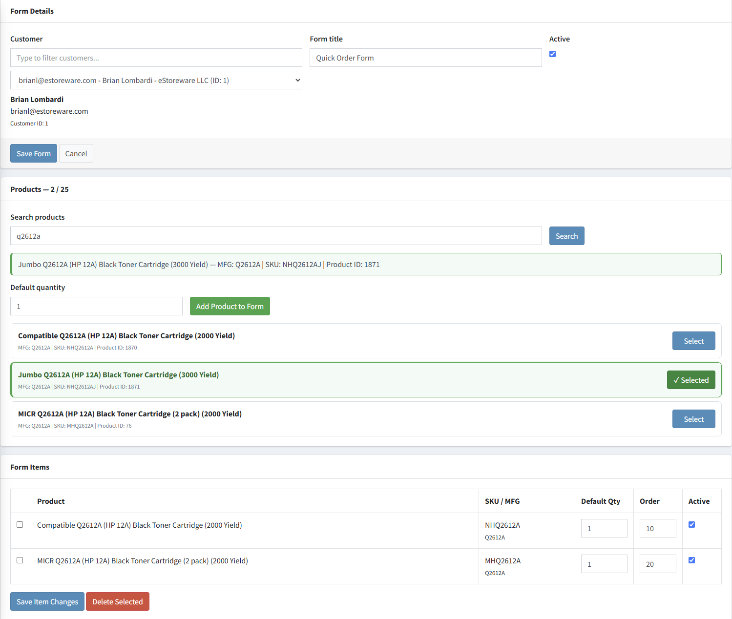 Quick Order Forms Free administrator form editor