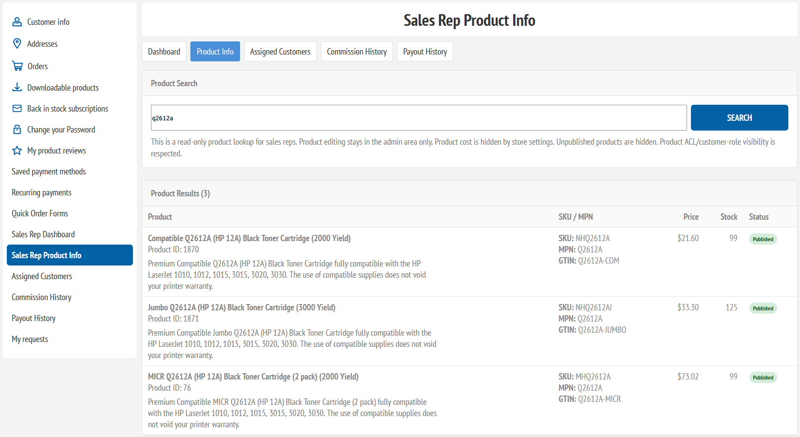 Sales rep product info lookup
