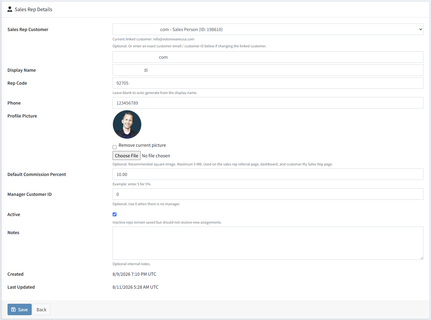 Sales rep profile editing