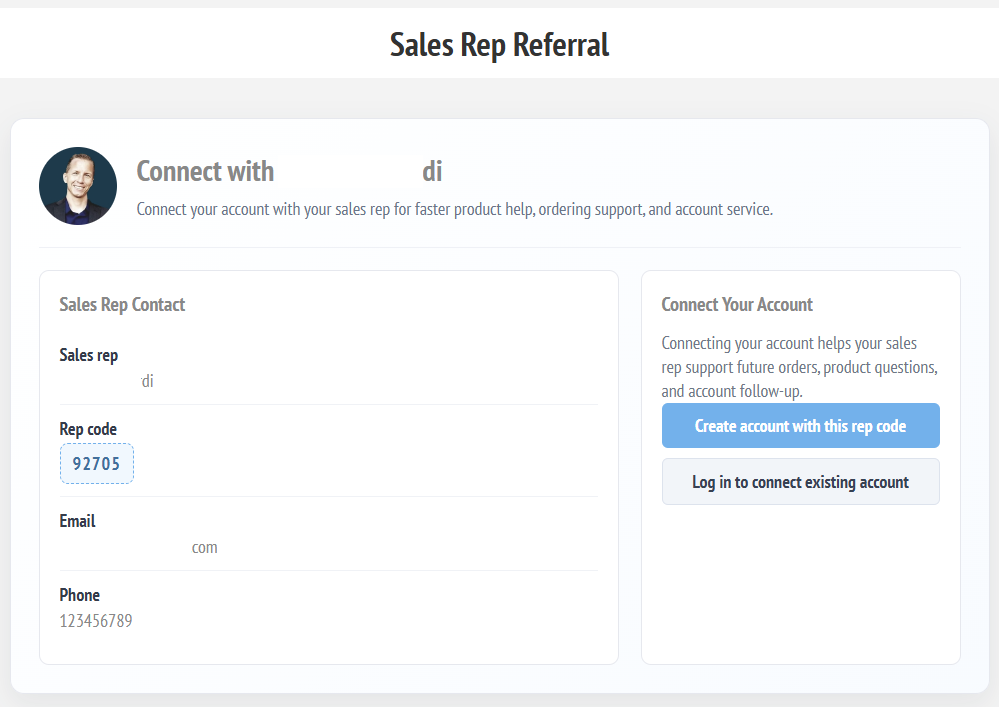 Sales rep referral landing page