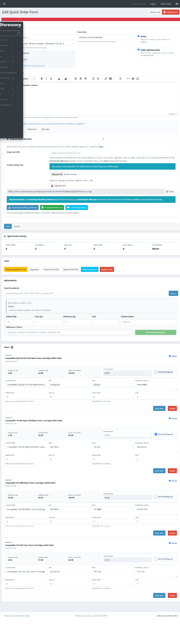 Admin Quick Order Form editor