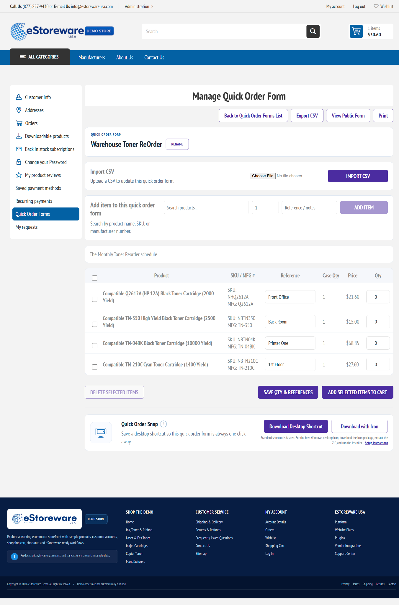 Manage Quick Order Form