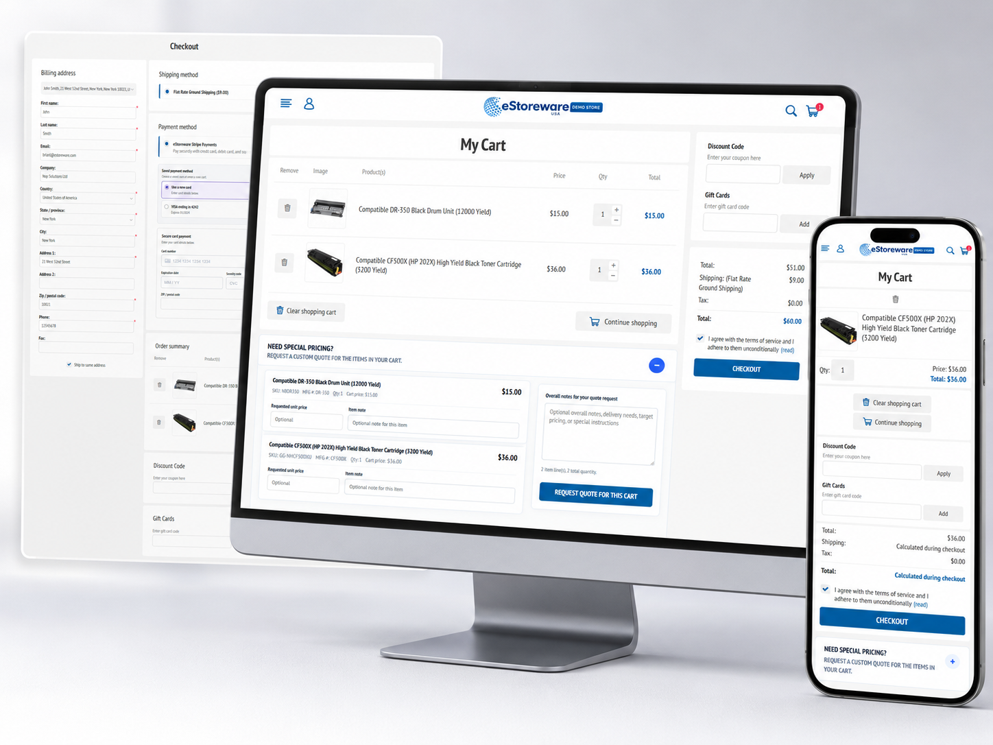 Desktop and mobile shopping cart with checkout and special-pricing quote request