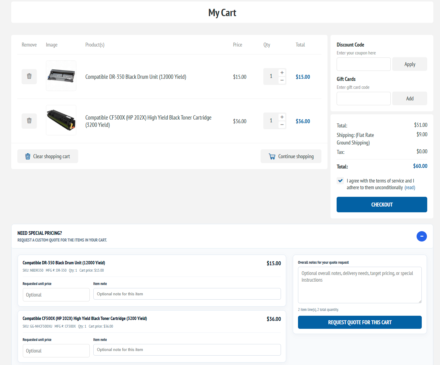Desktop shopping cart and special-pricing quote request form