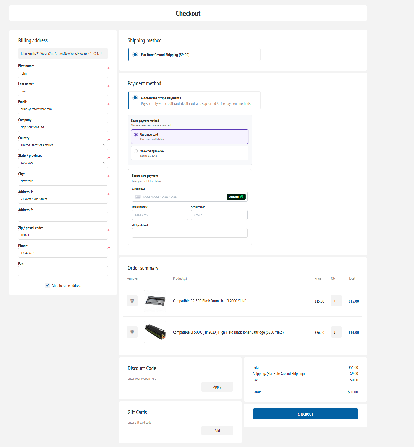 Focused desktop One Page Checkout with billing, shipping, payment, products, discounts, and totals