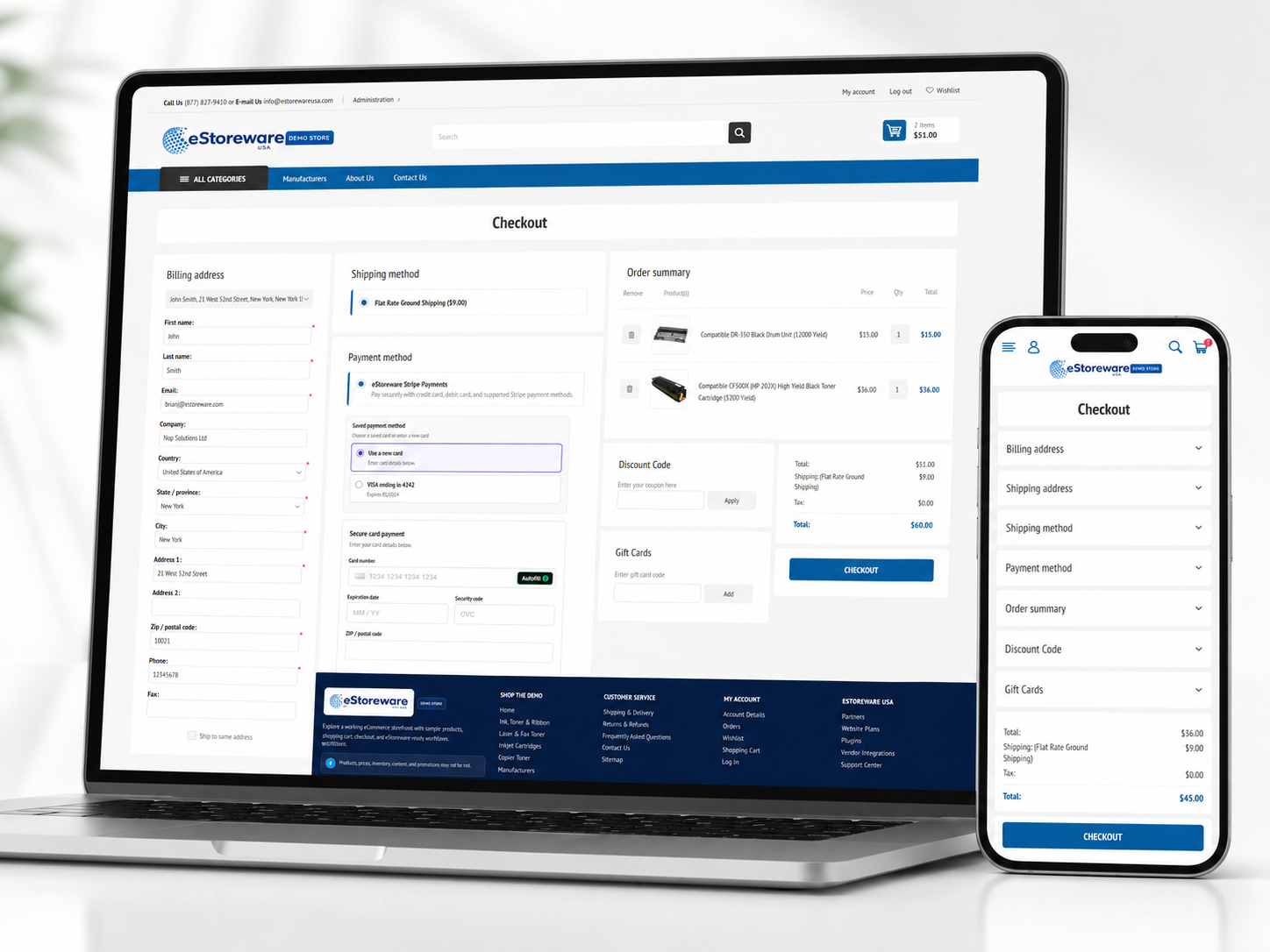 eStoreware One Page Checkout displayed on a desktop computer and smartphone
