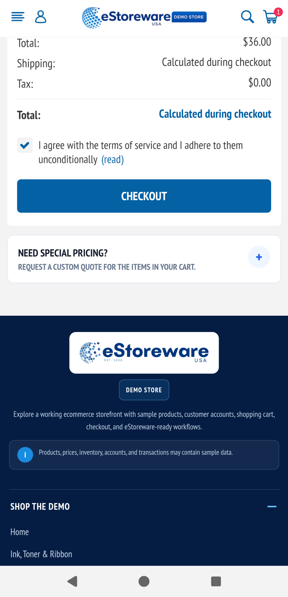 Mobile checkout button and special-pricing request area