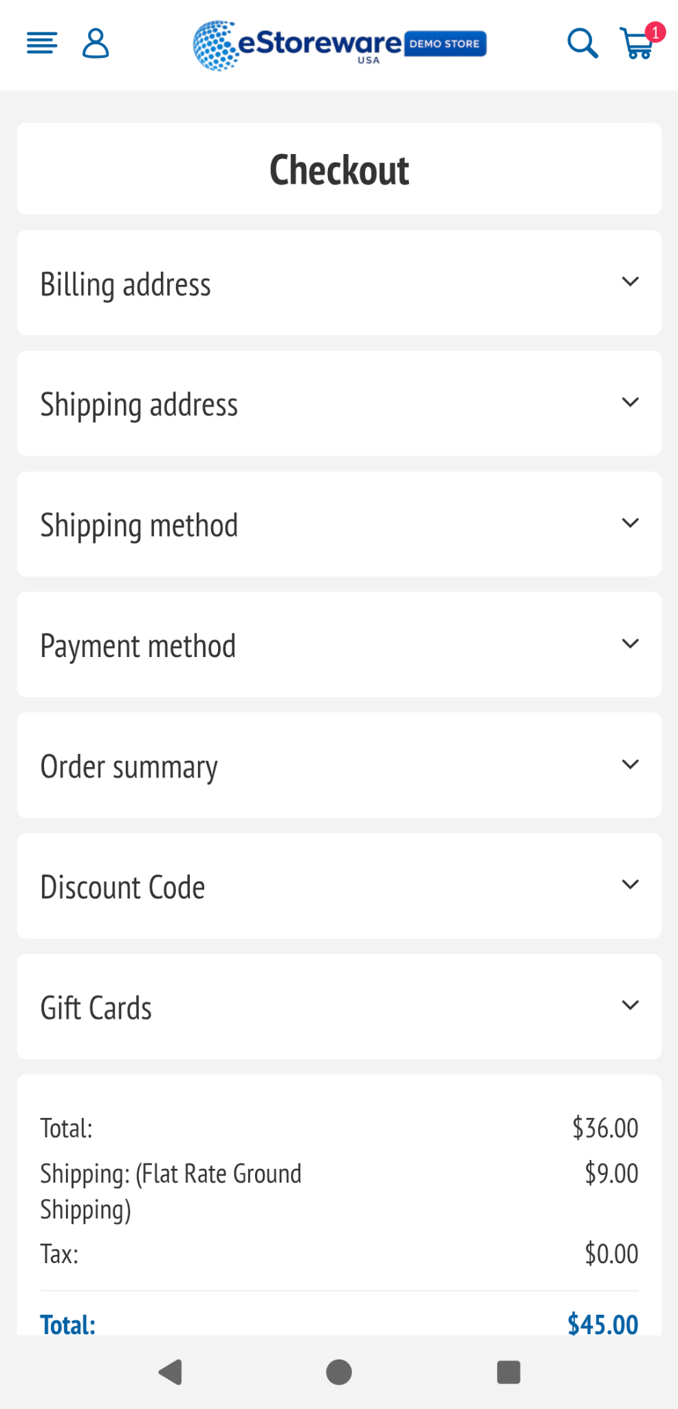 Mobile One Page Checkout accordion overview