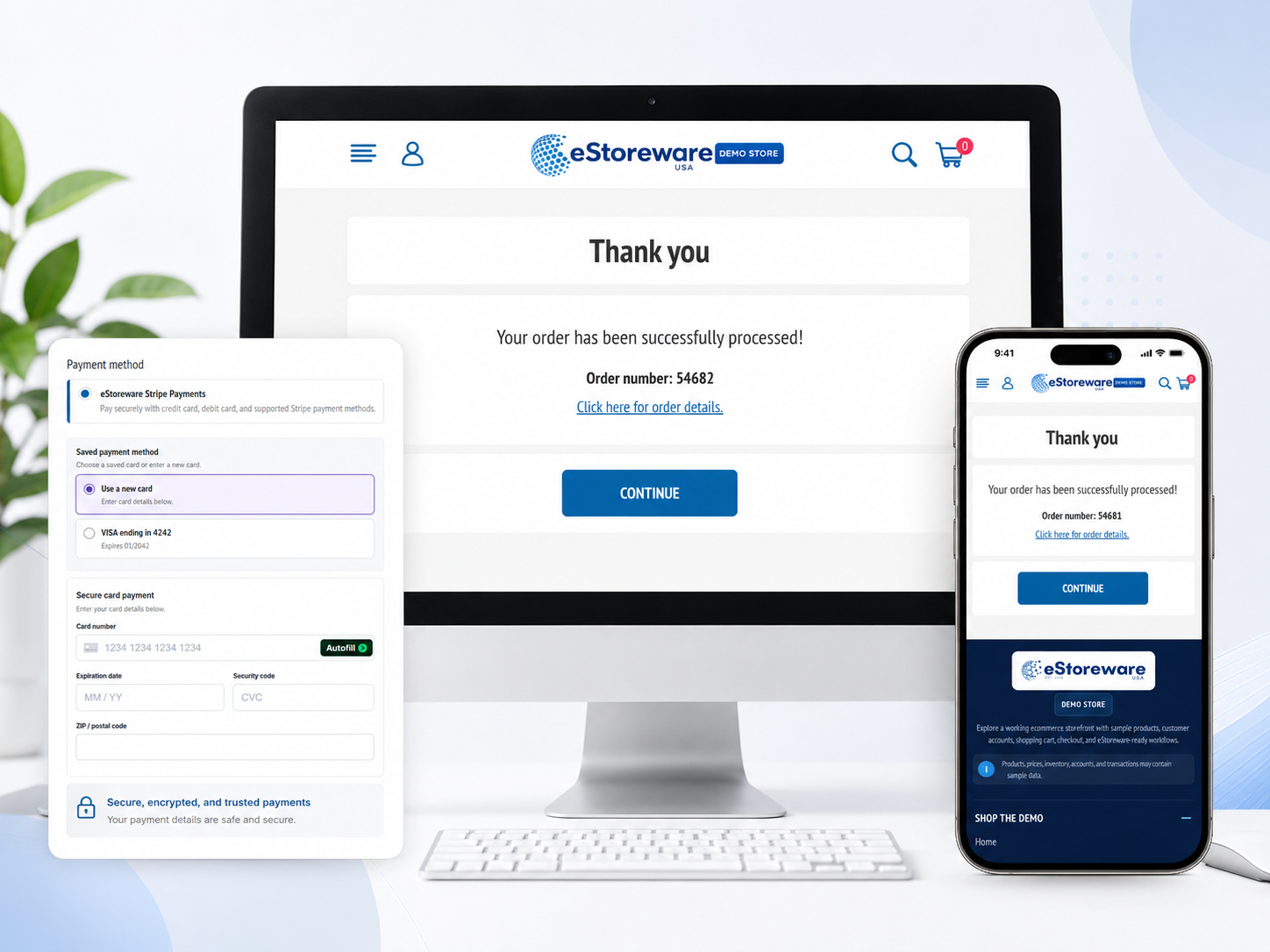 Desktop and mobile order-completion views with secure payment inset