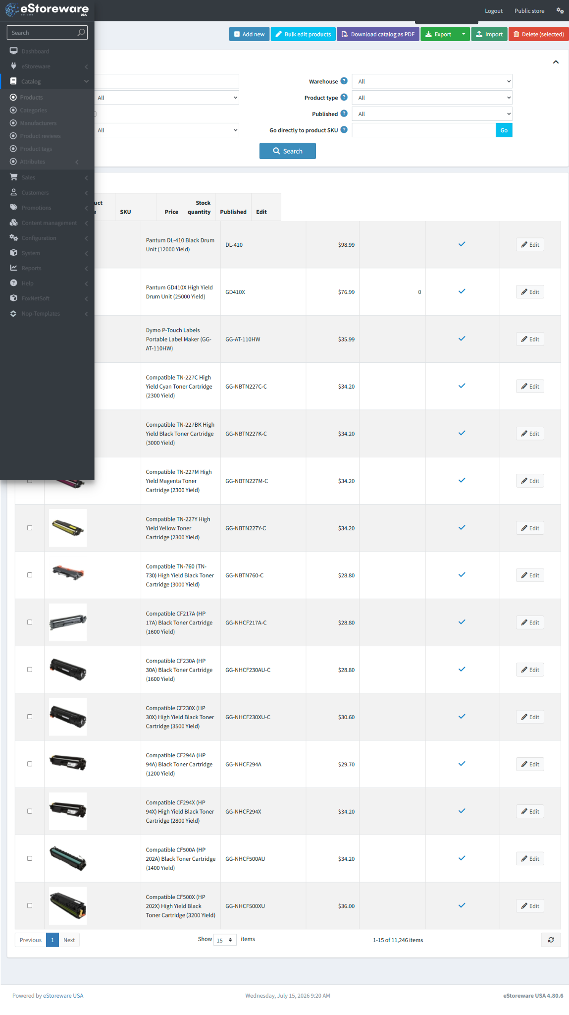 Product catalog administration