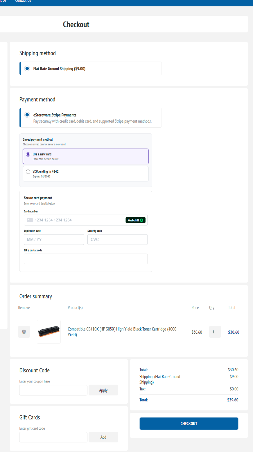 Shipping, payment, saved card, and order review