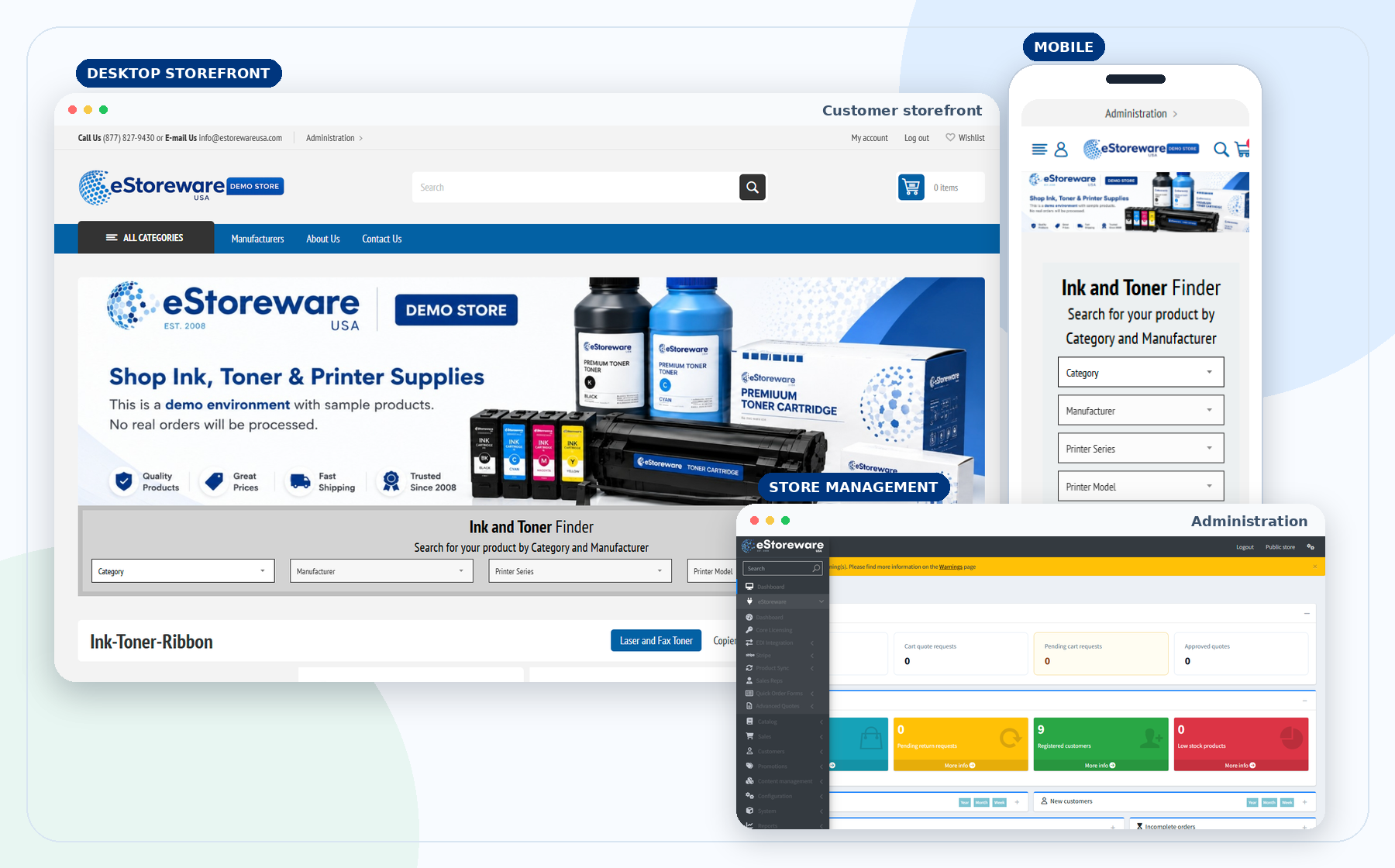 eStoreware storefront, mobile experience, and administration dashboard