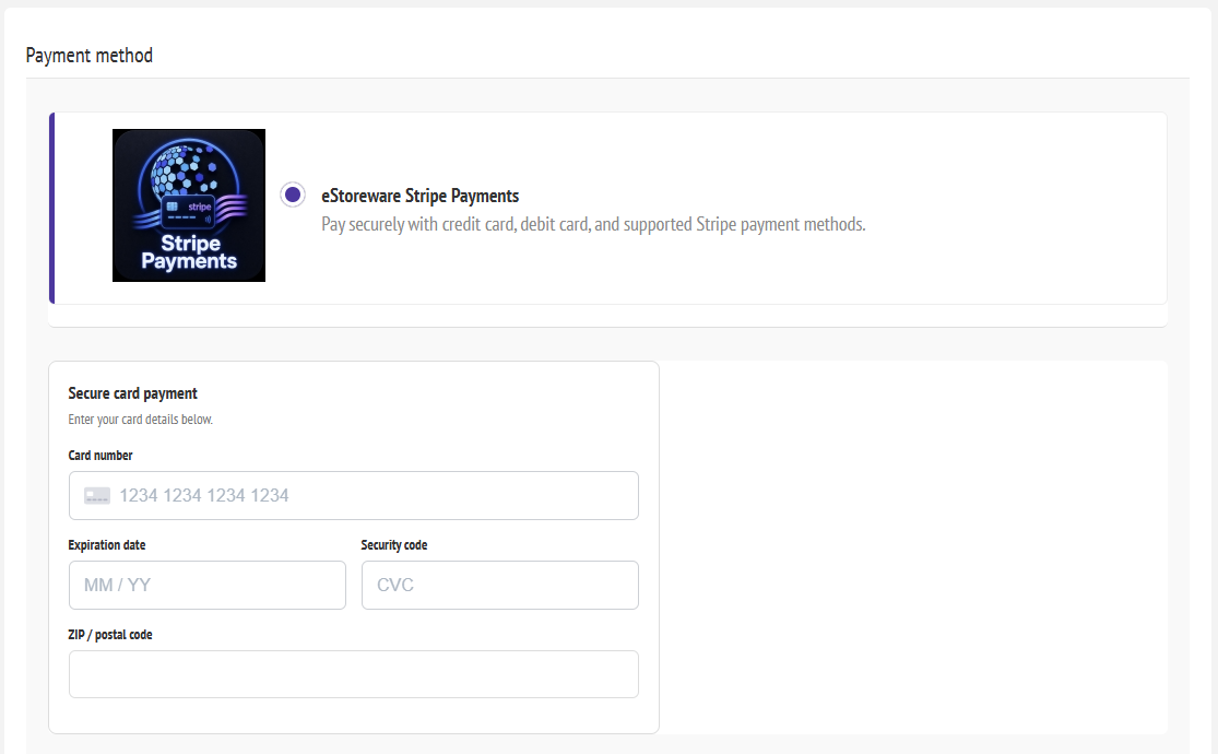 eStoreware one page checkout with embedded Stripe payment fields
