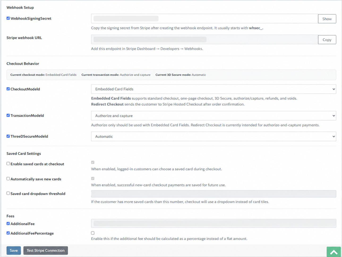 Stripe webhook and checkout settings